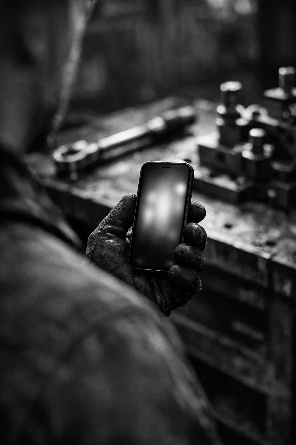 A gloved hand holds a phone over an industrial workbench, late-afternoon light.